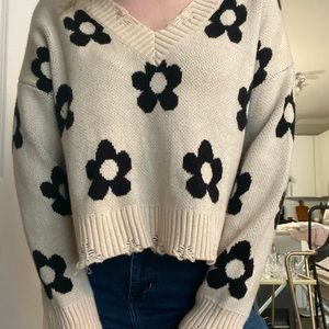 Cream V Neck Sweater with Black Flowers - Size Small